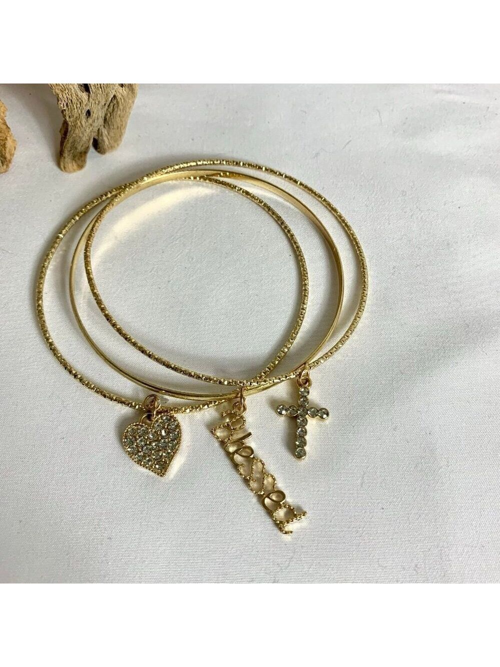 Gold Tone Bangle Bracelets Cross Heart Charms